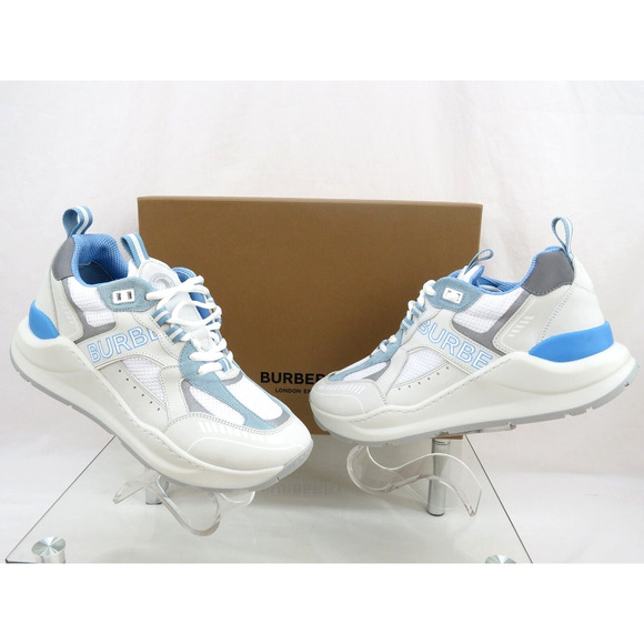 $850 BURBERRY SEAN WHITE SUEDE MESH PALE BLUE LOGO LOW SNEAKERS 41 US 8 ITALY main image 11